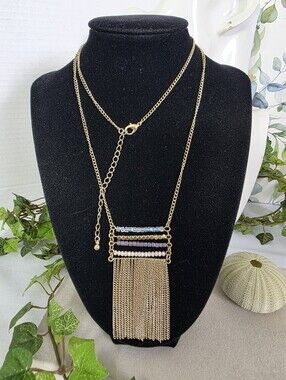 Gold Tone Multi-Strand Bead & Fringe Statement Necklace